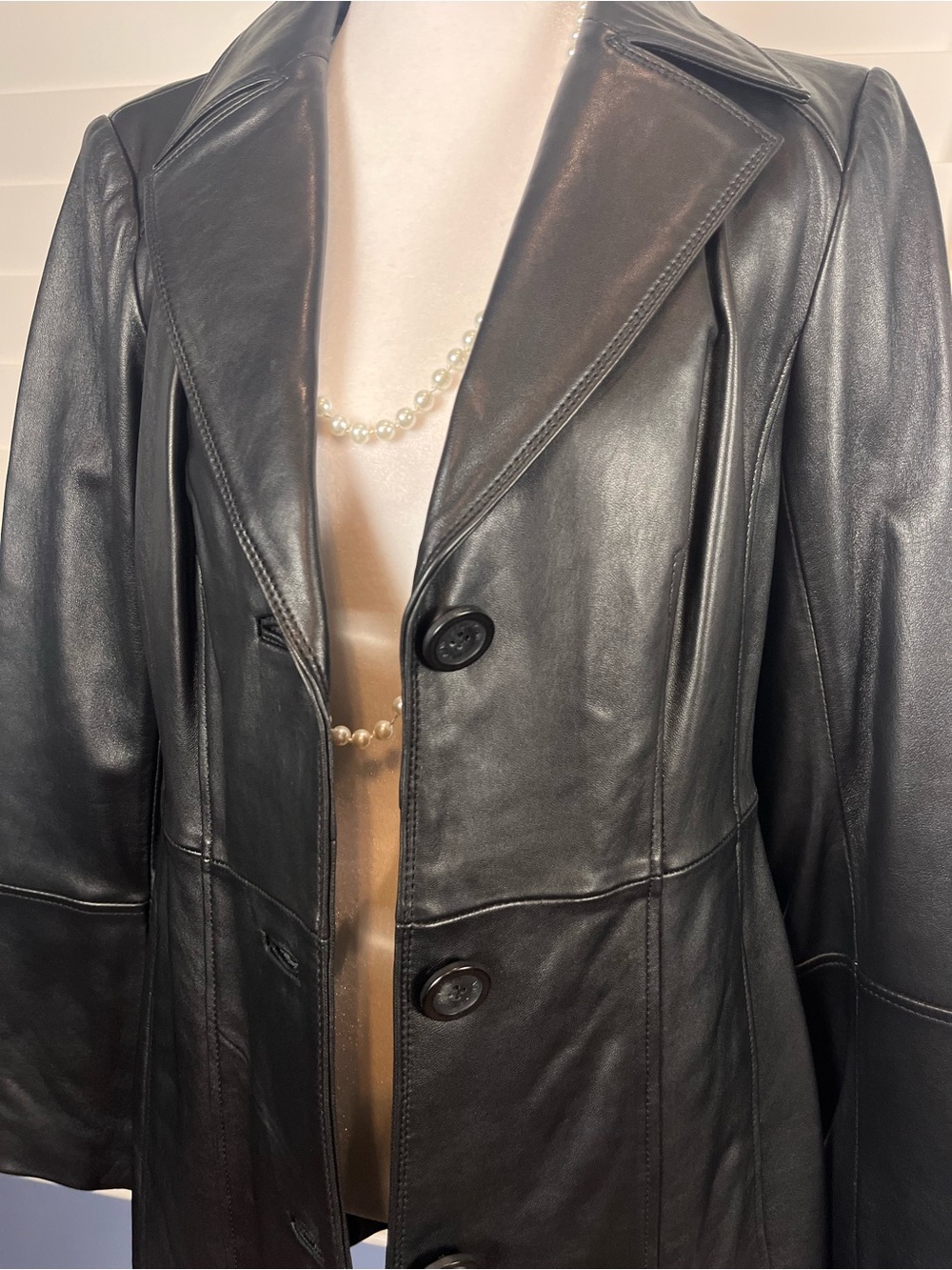 Anne Klein Black Leather Button-Front Coat NWT size xs Y2K mob wife quiet luxury - Picture 2 of 7
